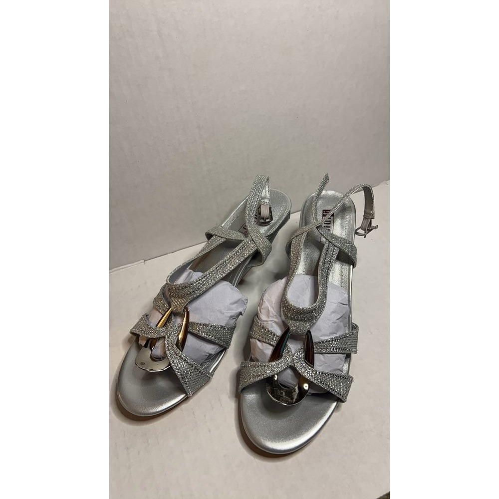 Silver Metallic Strappy Slingback Sandals with Decorative Hardware